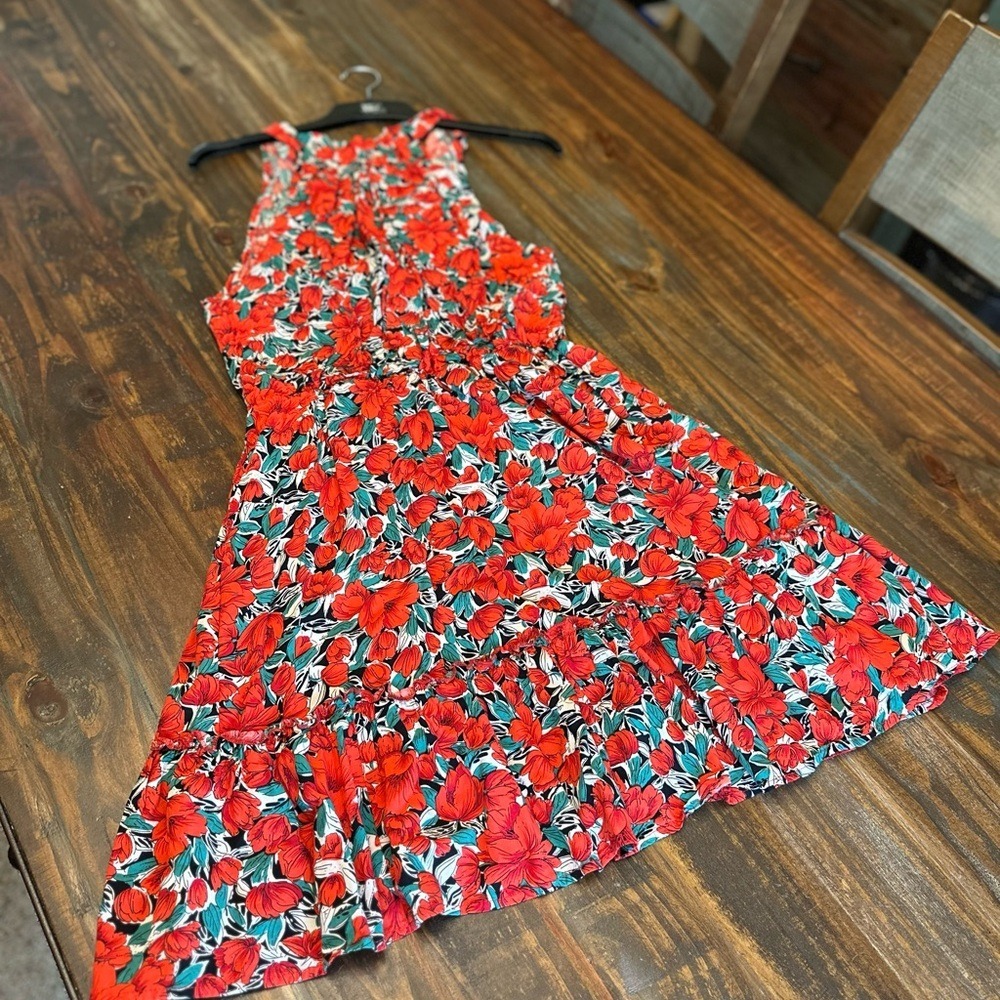 BTFBM Halter Dress Floral Sleeveless Elastic Drop Waist Summer Boho Aline Size M
